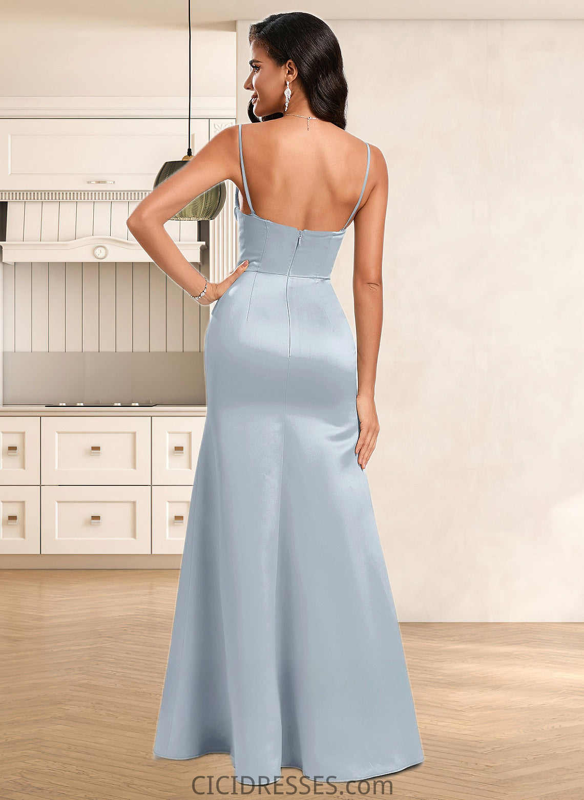 Ximena Trumpet/Mermaid Off the Shoulder Square Floor-Length Satin Prom Dresses With Ruffle CIC8P0025883