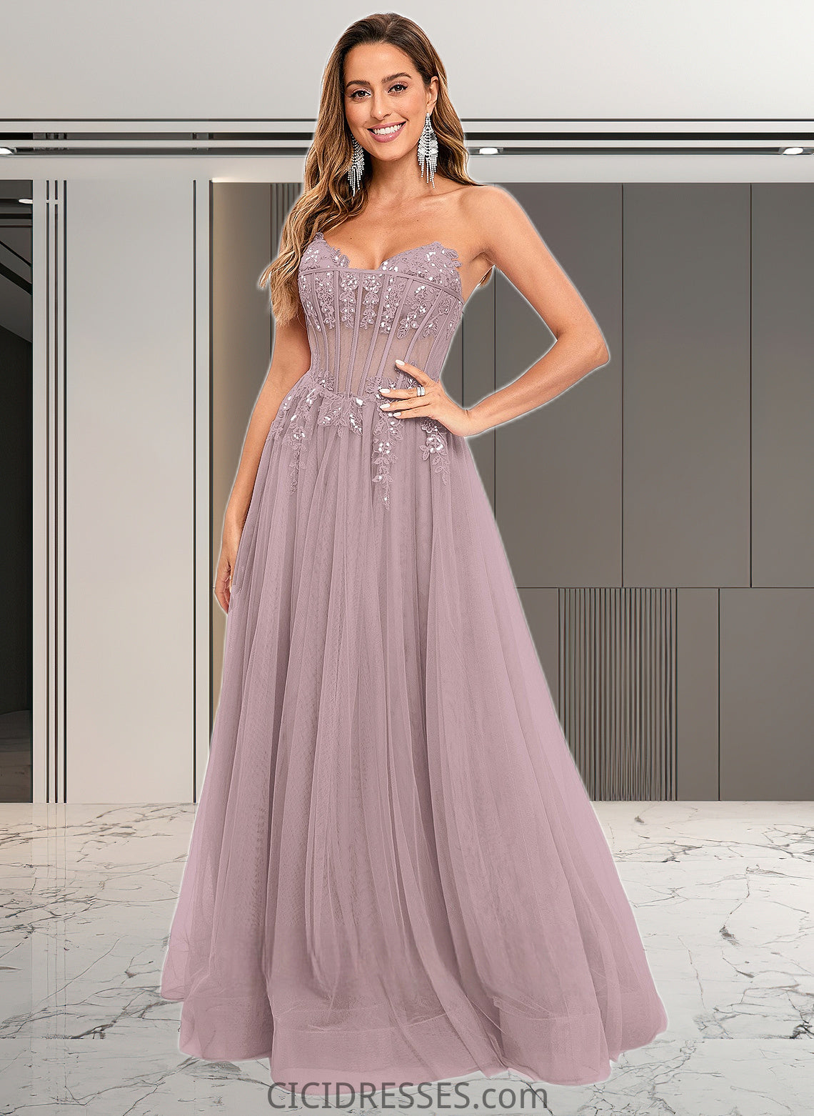 Lynn Ball-Gown/Princess V-Neck Floor-Length Tulle Prom Dresses With Sequins Appliques Lace CIC8P0025837