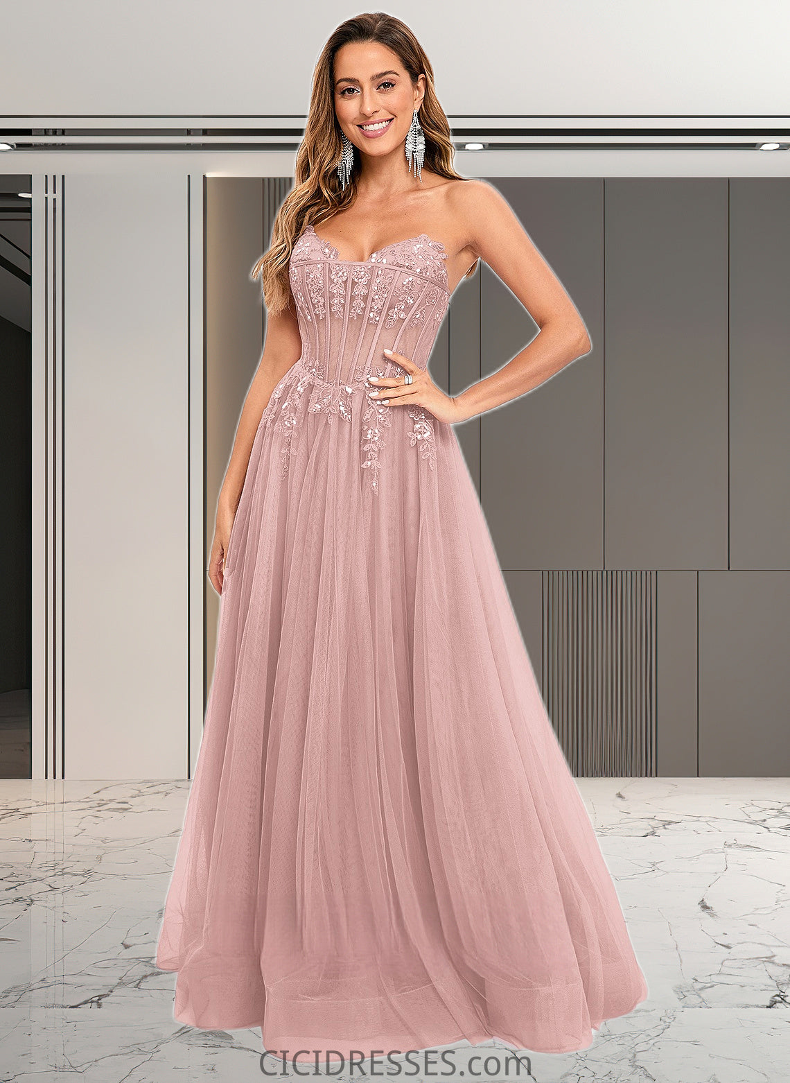 Lynn Ball-Gown/Princess V-Neck Floor-Length Tulle Prom Dresses With Sequins Appliques Lace CIC8P0025837