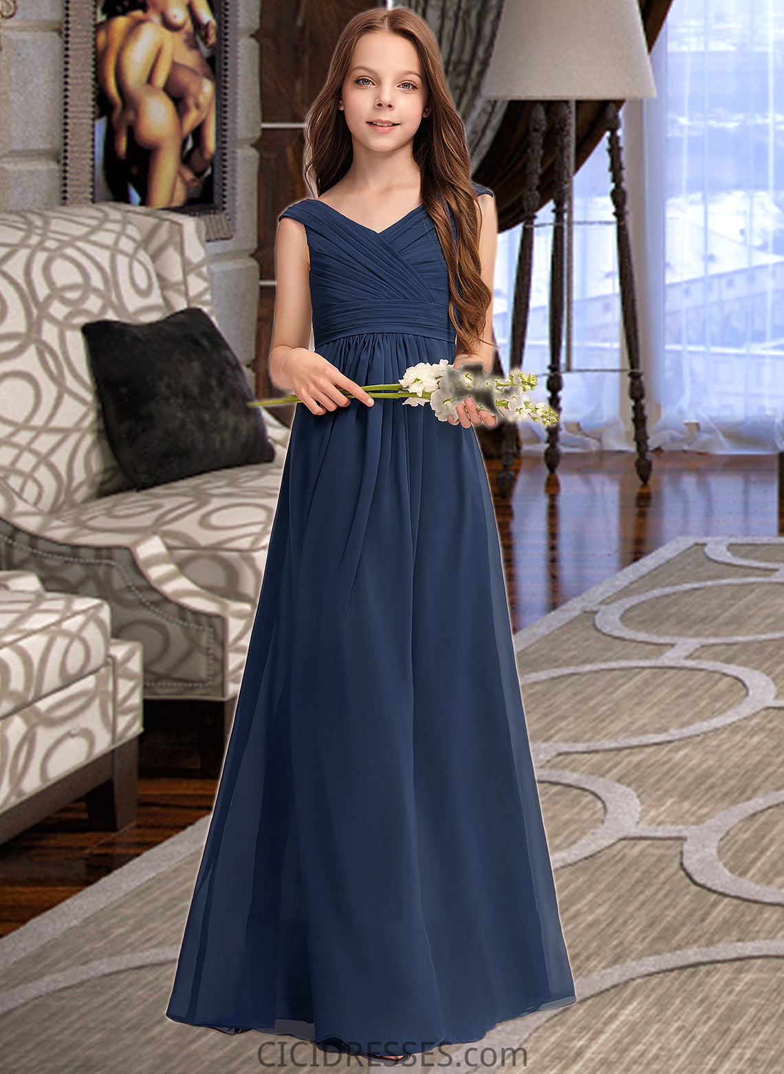 Zoe A-Line Off-the-Shoulder Floor-Length Chiffon Junior Bridesmaid Dress With Ruffles CIC8P0013436