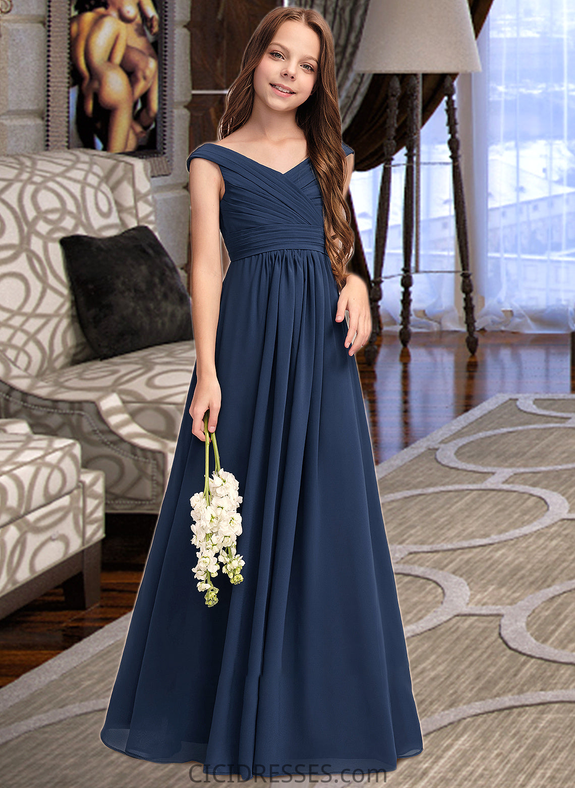 Zoe A-Line Off-the-Shoulder Floor-Length Chiffon Junior Bridesmaid Dress With Ruffles CIC8P0013436