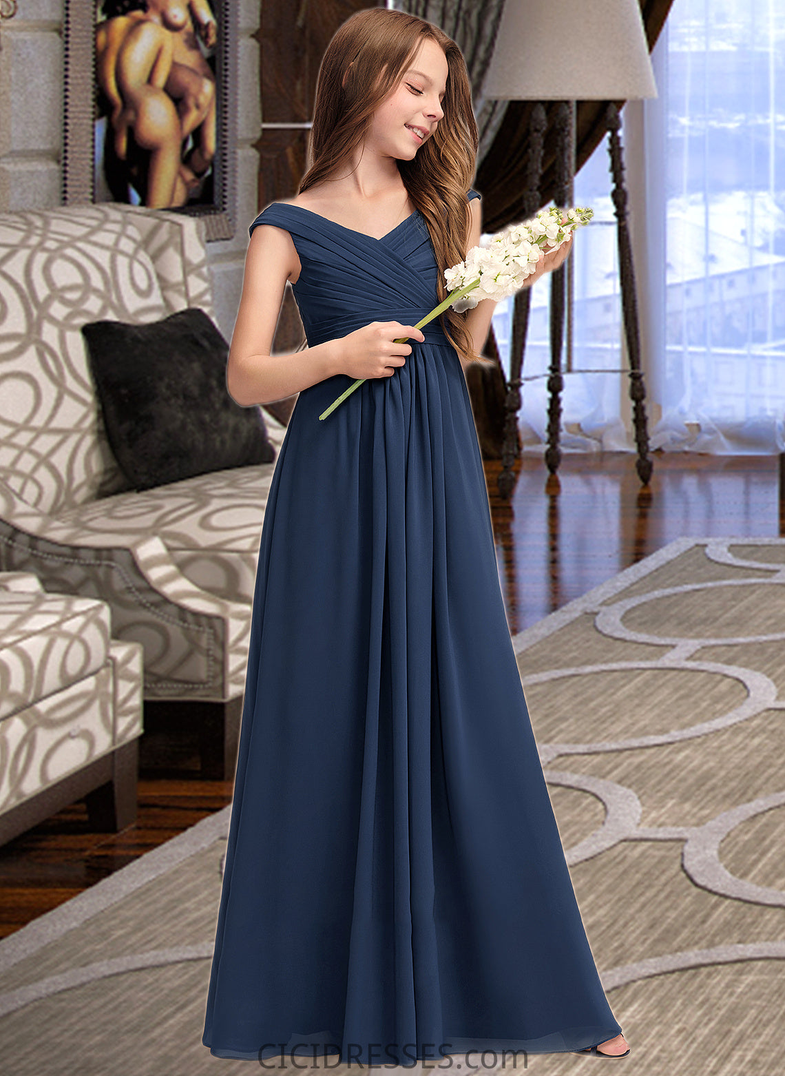 Zoe A-Line Off-the-Shoulder Floor-Length Chiffon Junior Bridesmaid Dress With Ruffles CIC8P0013436