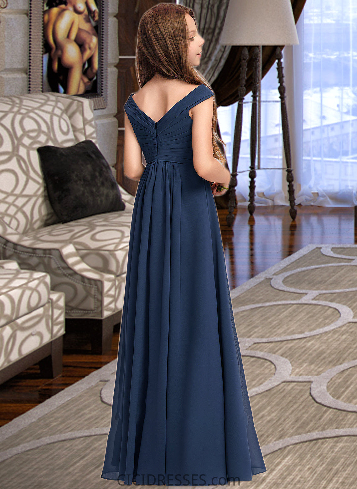 Zoe A-Line Off-the-Shoulder Floor-Length Chiffon Junior Bridesmaid Dress With Ruffles CIC8P0013436