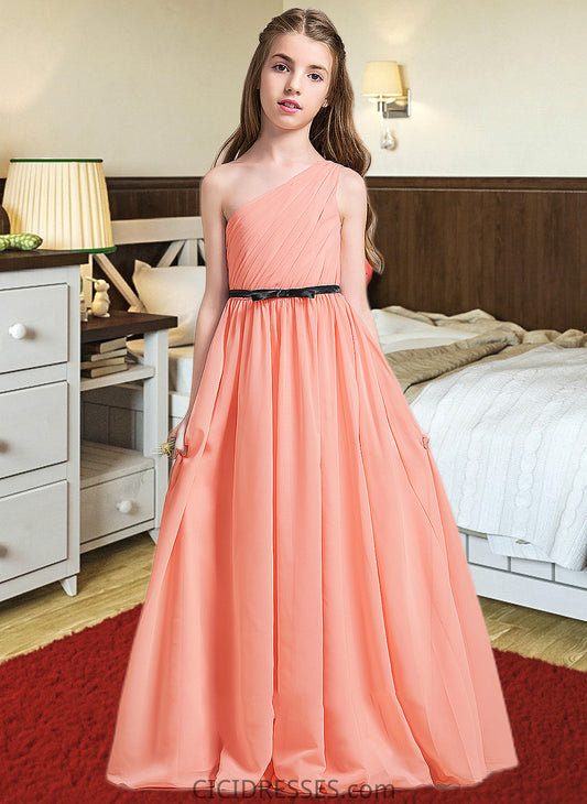 Zariah A-Line One-Shoulder Floor-Length Chiffon Junior Bridesmaid Dress With Ruffle Bow(s) CIC8P0013570