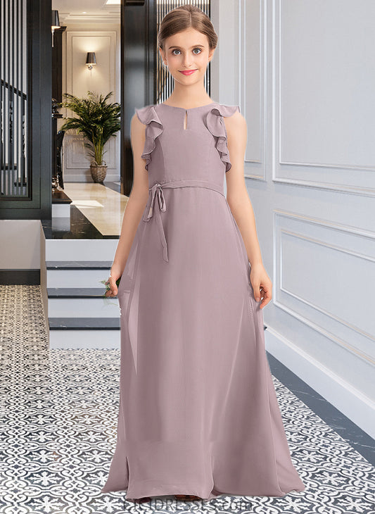 Anabella A-Line Scoop Neck Floor-Length Chiffon Junior Bridesmaid Dress With Bow(s) Cascading Ruffles CIC8P0013659