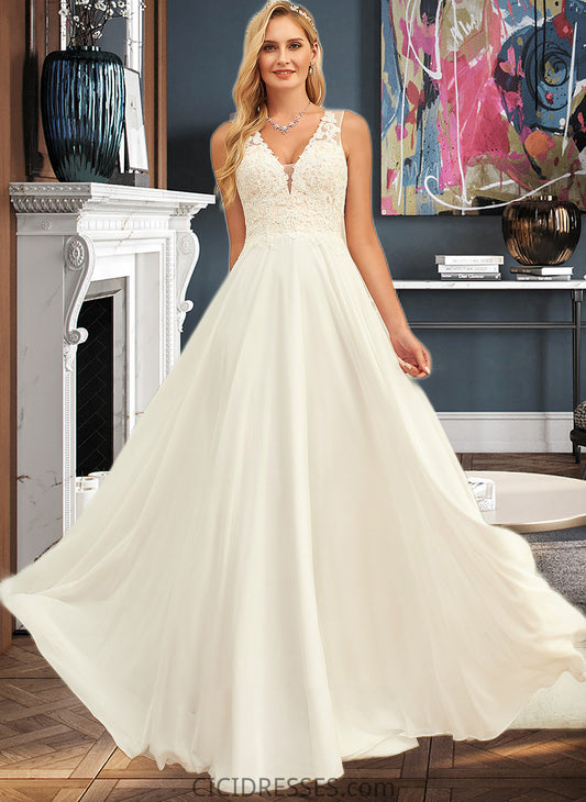 Neveah A-Line V-neck Sweep Train Chiffon Lace Wedding Dress With Lace CIC8P0013677