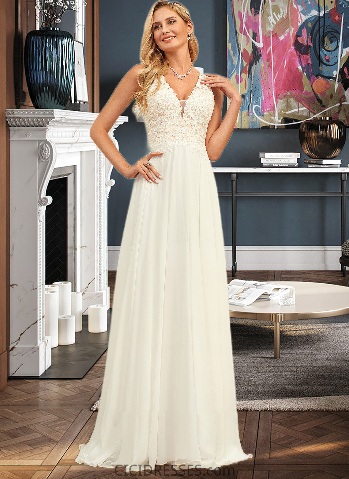 Neveah A-Line V-neck Sweep Train Chiffon Lace Wedding Dress With Lace CIC8P0013677