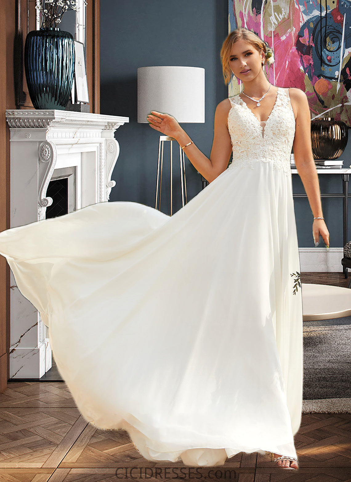 Neveah A-Line V-neck Sweep Train Chiffon Lace Wedding Dress With Lace CIC8P0013677