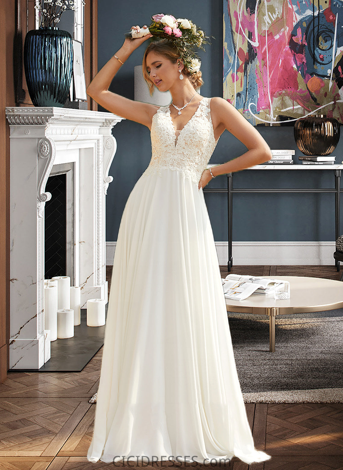 Neveah A-Line V-neck Sweep Train Chiffon Lace Wedding Dress With Lace CIC8P0013677