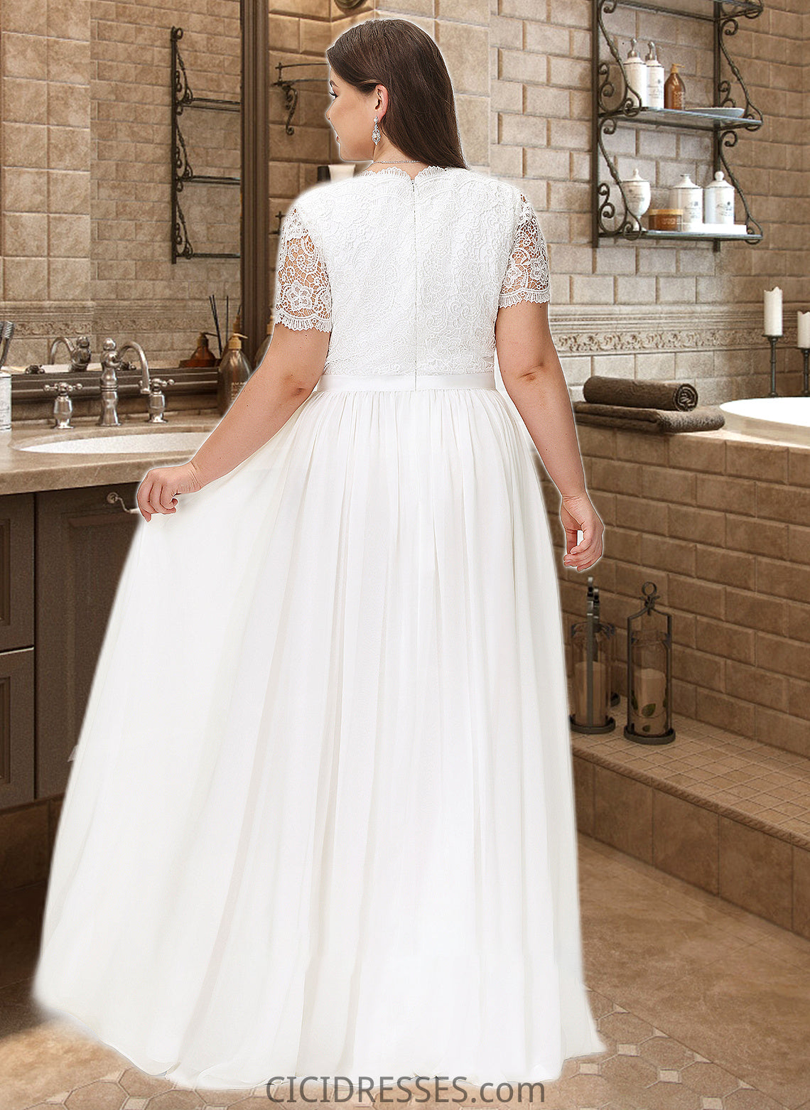 Ellen A-Line V-neck Floor-Length Chiffon Lace Wedding Dress CIC8P0013678