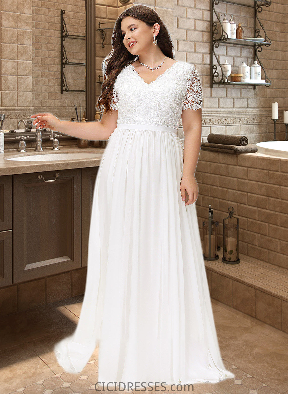 Ellen A-Line V-neck Floor-Length Chiffon Lace Wedding Dress CIC8P0013678