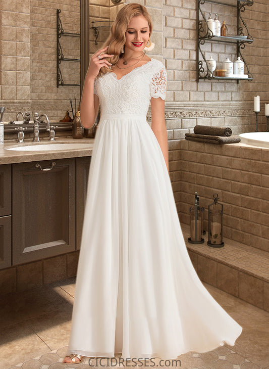 Ellen A-Line V-neck Floor-Length Chiffon Lace Wedding Dress CIC8P0013678