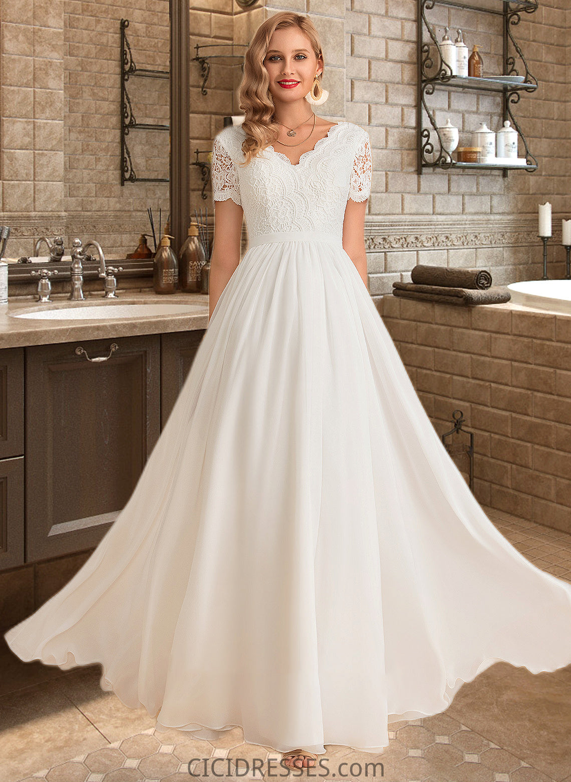 Ellen A-Line V-neck Floor-Length Chiffon Lace Wedding Dress CIC8P0013678