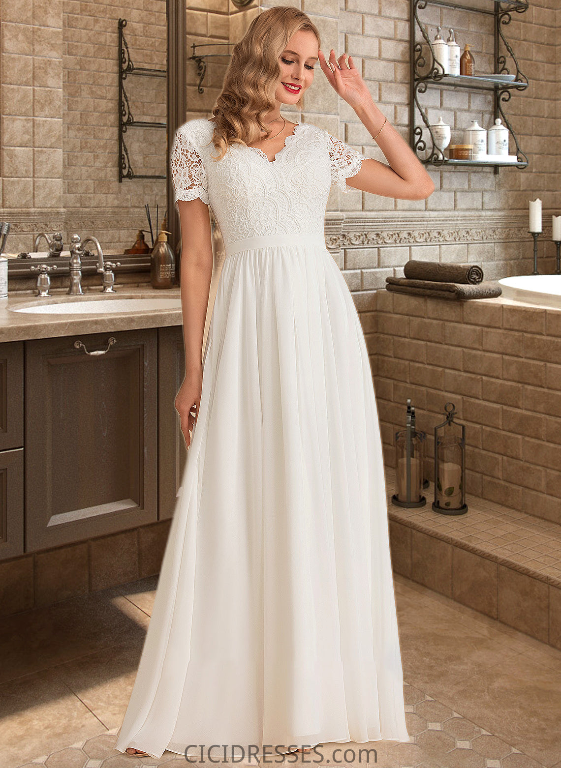 Ellen A-Line V-neck Floor-Length Chiffon Lace Wedding Dress CIC8P0013678