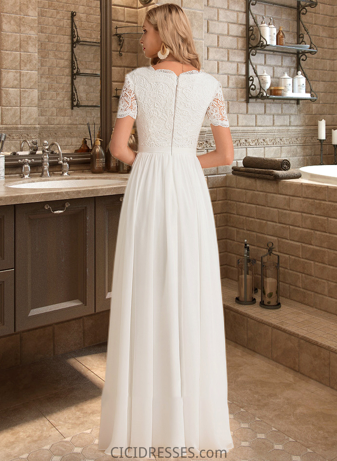 Ellen A-Line V-neck Floor-Length Chiffon Lace Wedding Dress CIC8P0013678