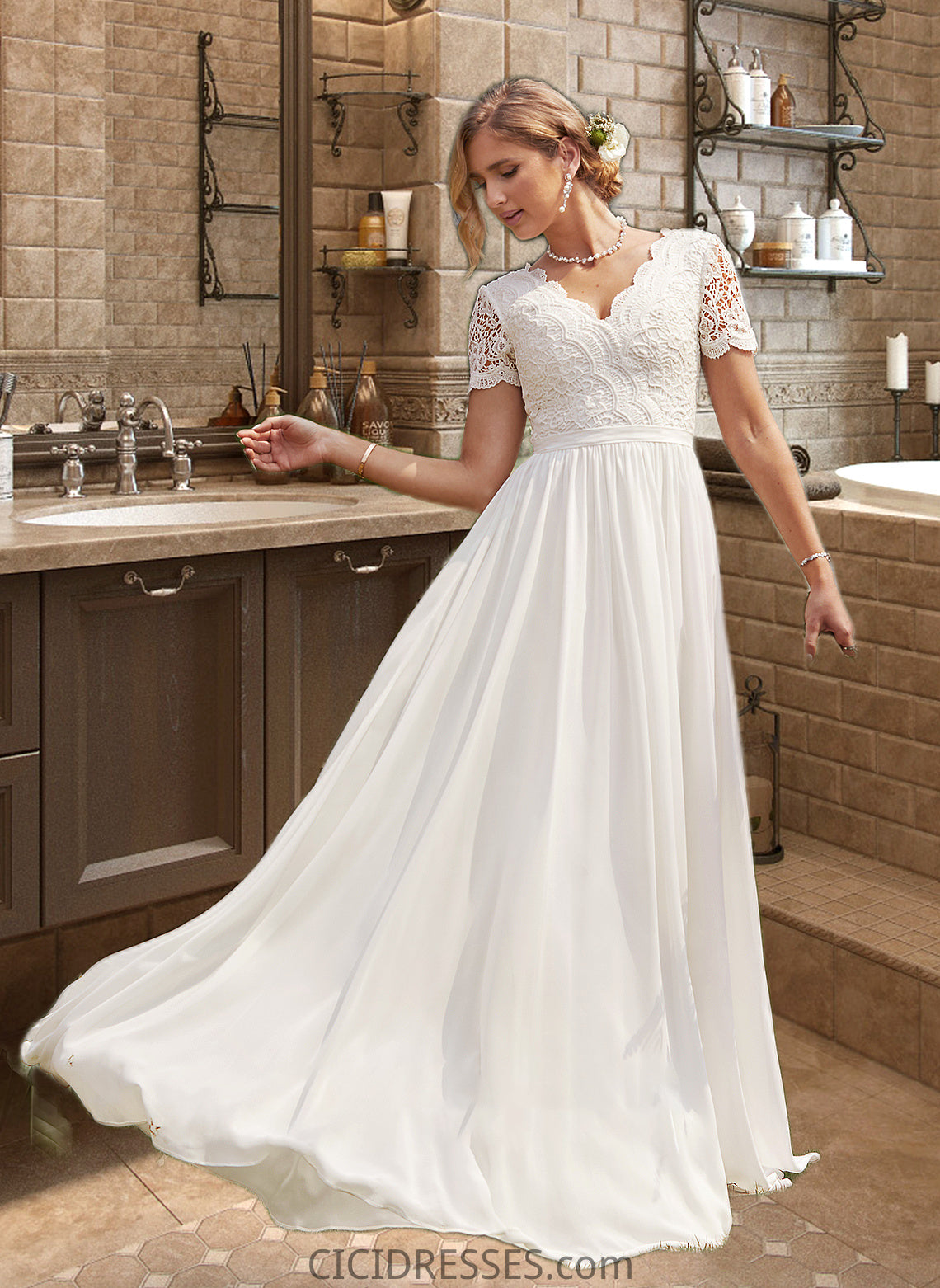 Ellen A-Line V-neck Floor-Length Chiffon Lace Wedding Dress CIC8P0013678