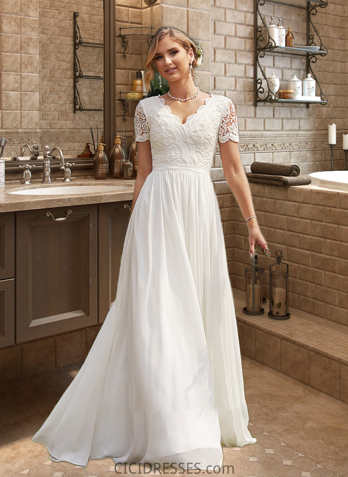 Ellen A-Line V-neck Floor-Length Chiffon Lace Wedding Dress CIC8P0013678