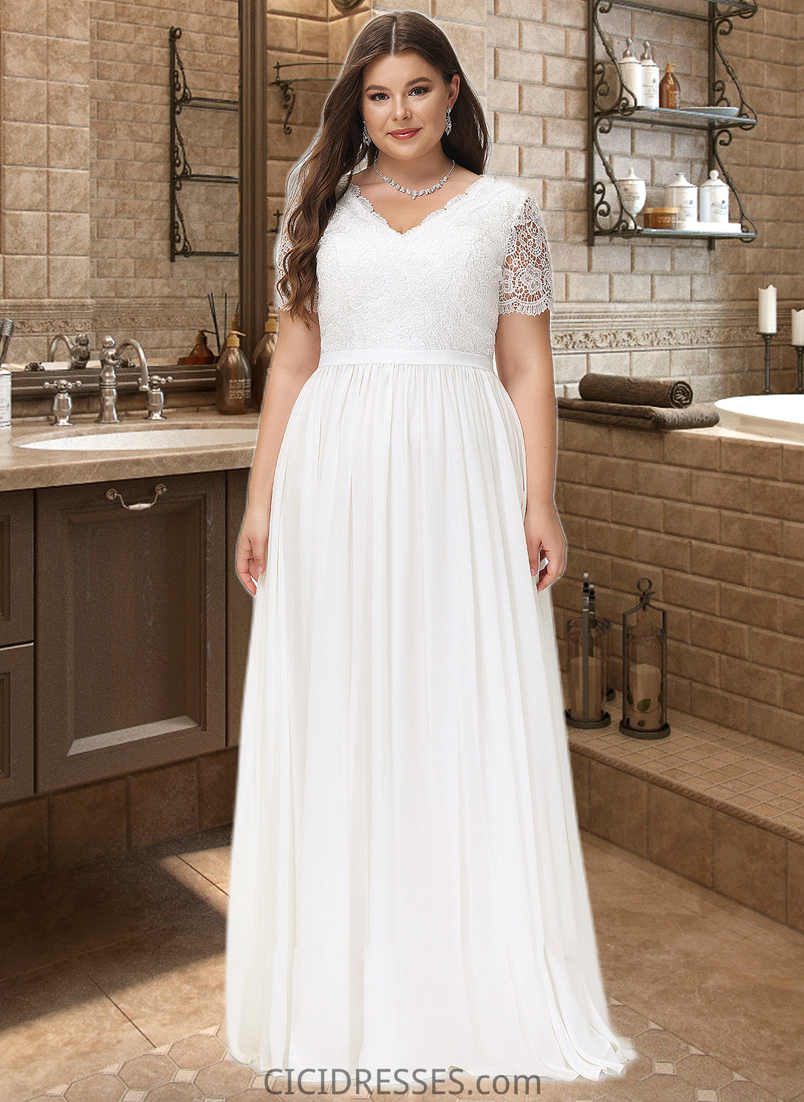 Ellen A-Line V-neck Floor-Length Chiffon Lace Wedding Dress CIC8P0013678