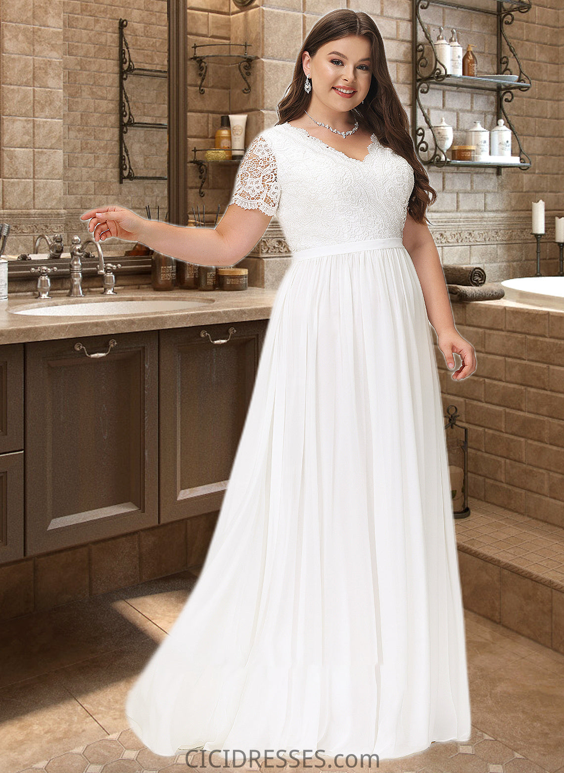 Ellen A-Line V-neck Floor-Length Chiffon Lace Wedding Dress CIC8P0013678