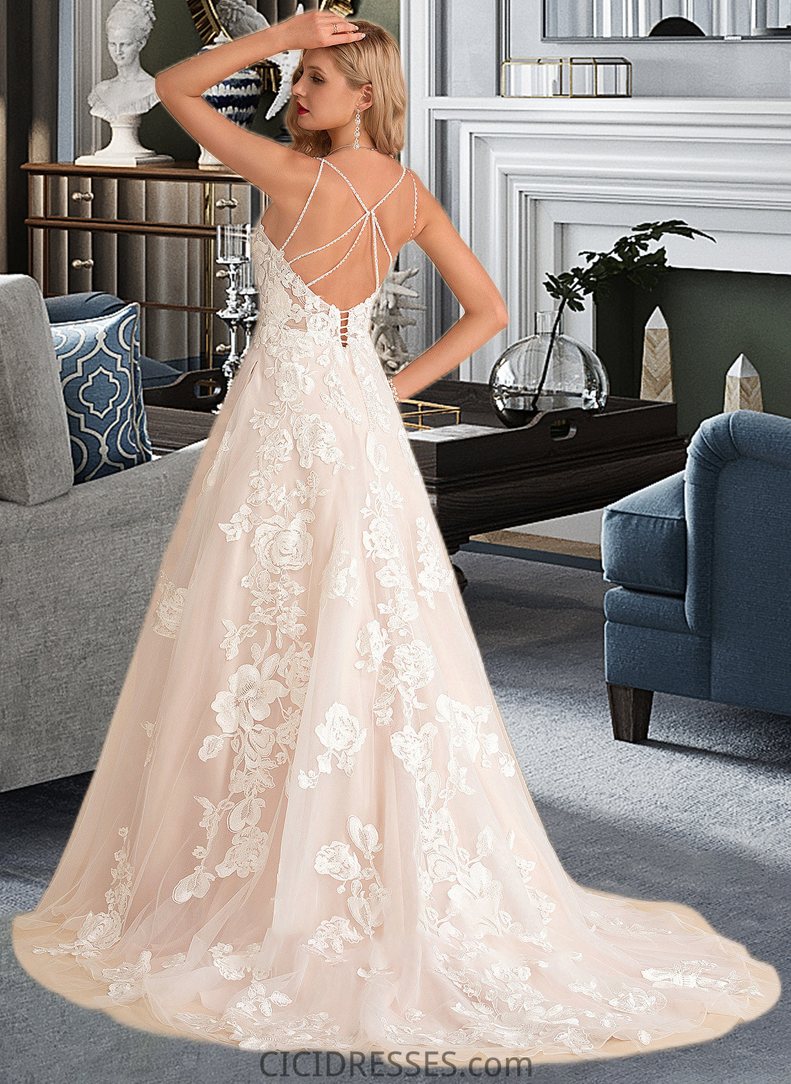 Jessica Ball-Gown/Princess V-neck Court Train Tulle Lace Wedding Dress With Beading Pockets CIC8P0013679