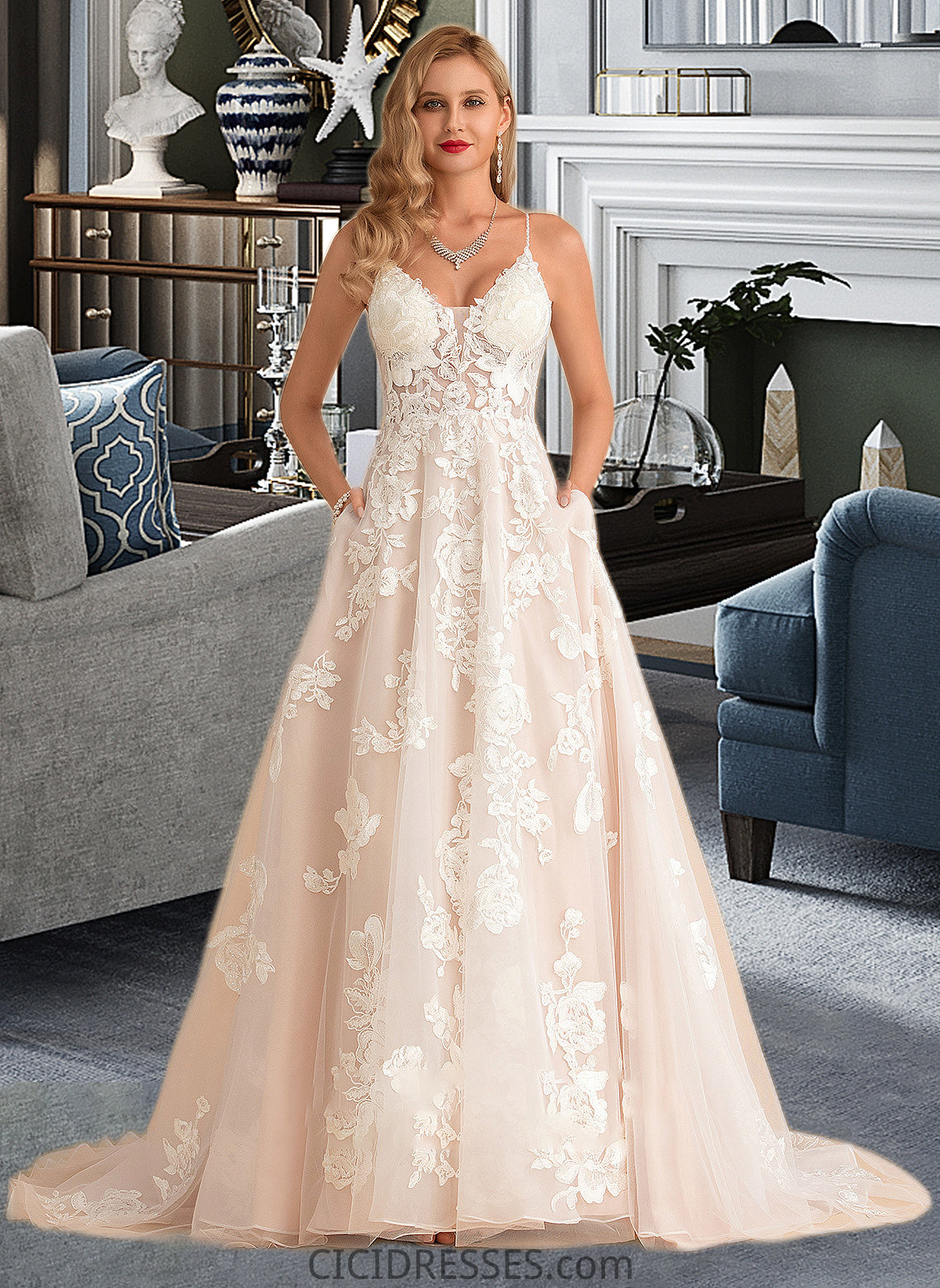 Jessica Ball-Gown/Princess V-neck Court Train Tulle Lace Wedding Dress With Beading Pockets CIC8P0013679