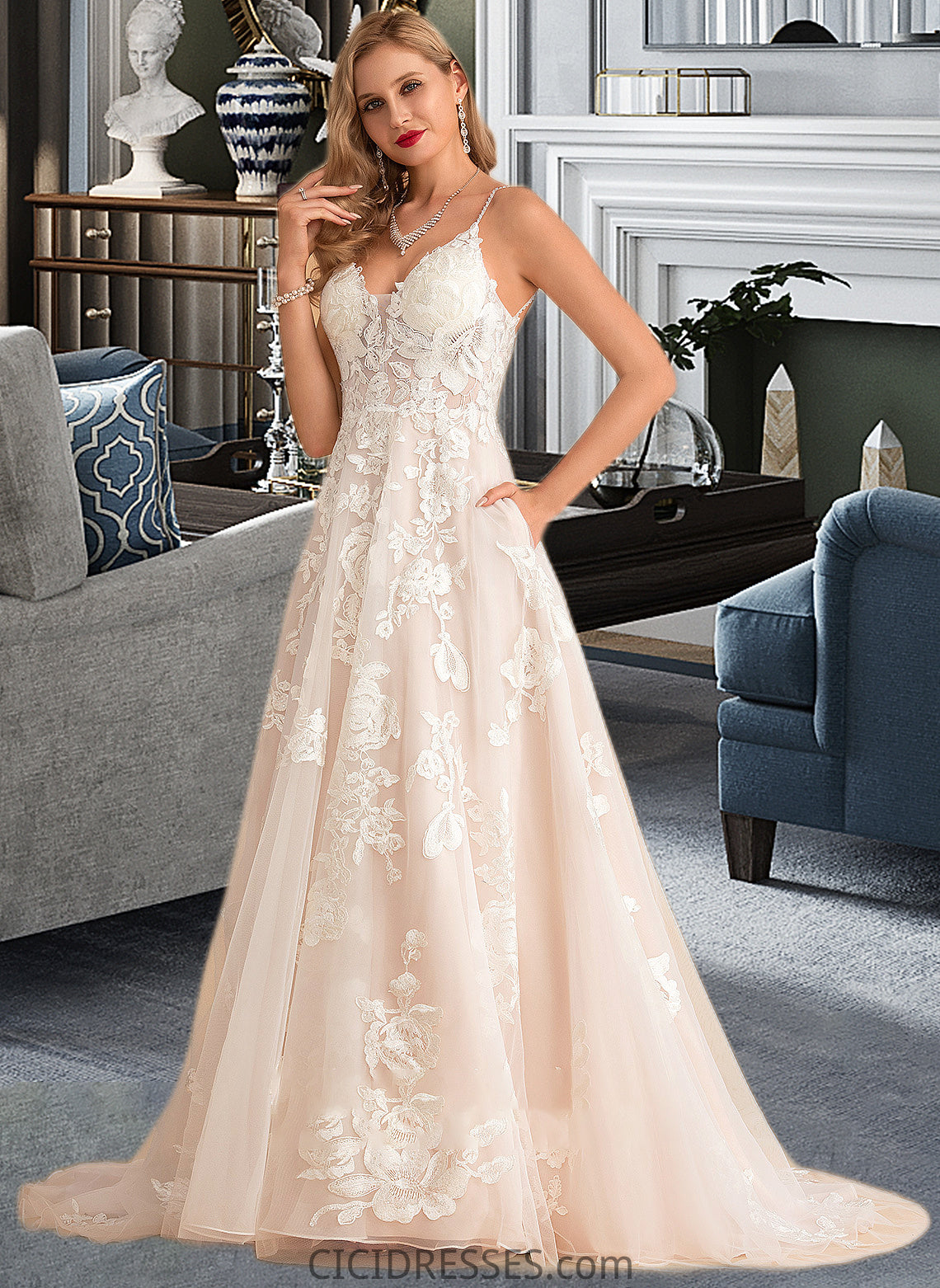 Jessica Ball-Gown/Princess V-neck Court Train Tulle Lace Wedding Dress With Beading Pockets CIC8P0013679