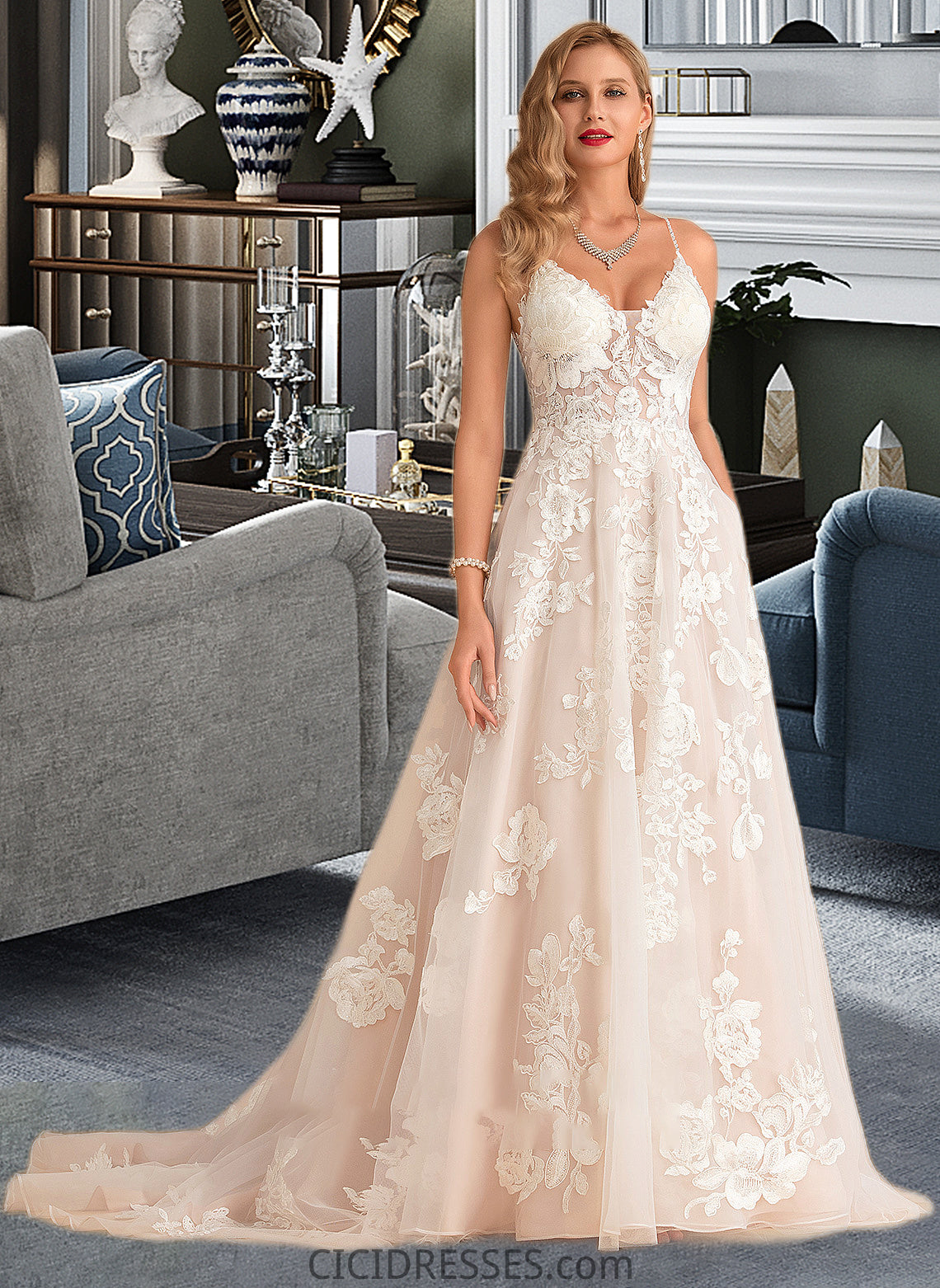 Jessica Ball-Gown/Princess V-neck Court Train Tulle Lace Wedding Dress With Beading Pockets CIC8P0013679