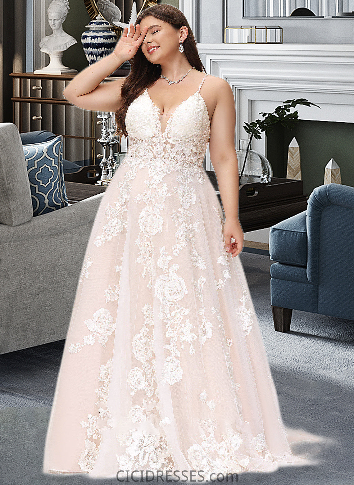 Jessica Ball-Gown/Princess V-neck Court Train Tulle Lace Wedding Dress With Beading Pockets CIC8P0013679