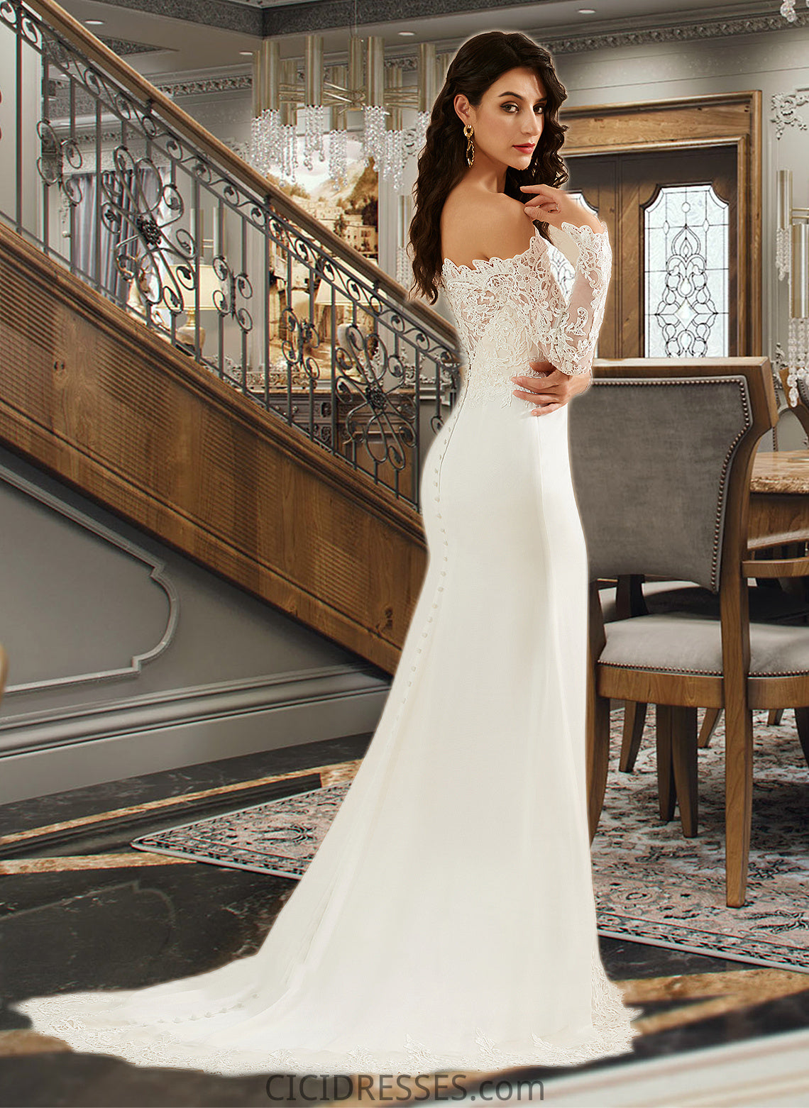 Micah Trumpet/Mermaid Off-the-Shoulder Court Train Wedding Dress With Lace CIC8P0013680