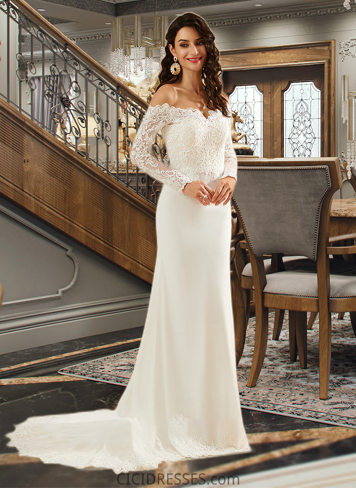 Micah Trumpet/Mermaid Off-the-Shoulder Court Train Wedding Dress With Lace CIC8P0013680