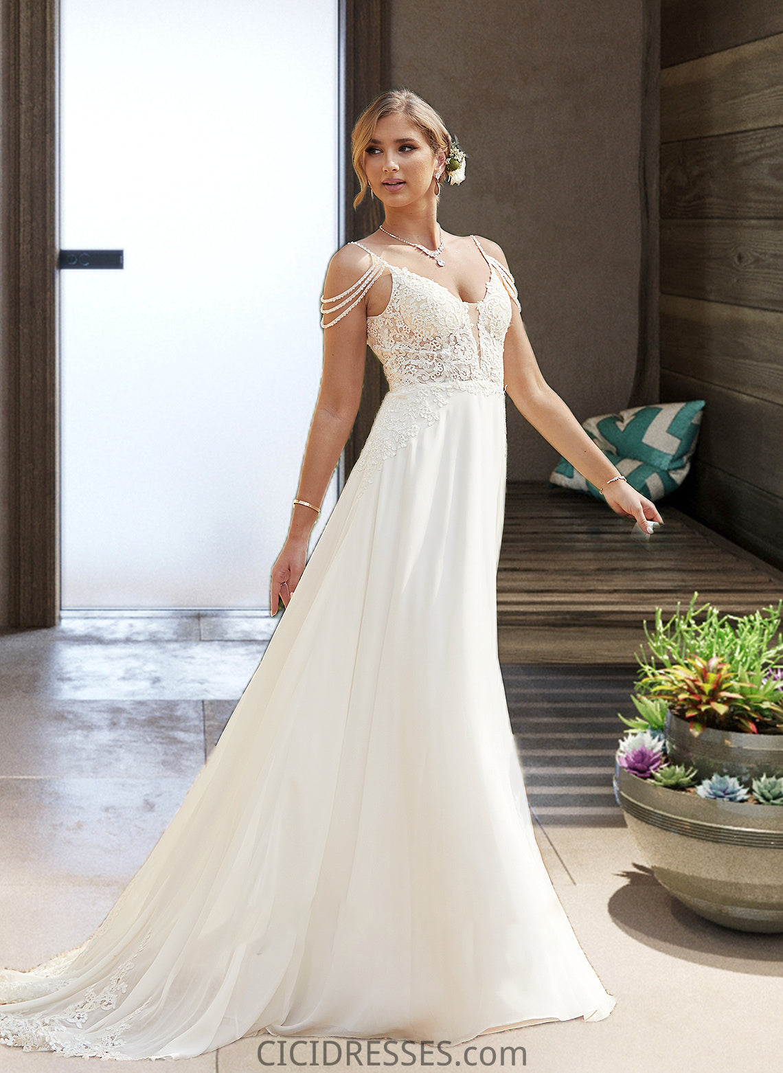 Kaydence A-Line V-neck Sweep Train Chiffon Lace Wedding Dress With Beading Sequins CIC8P0013681