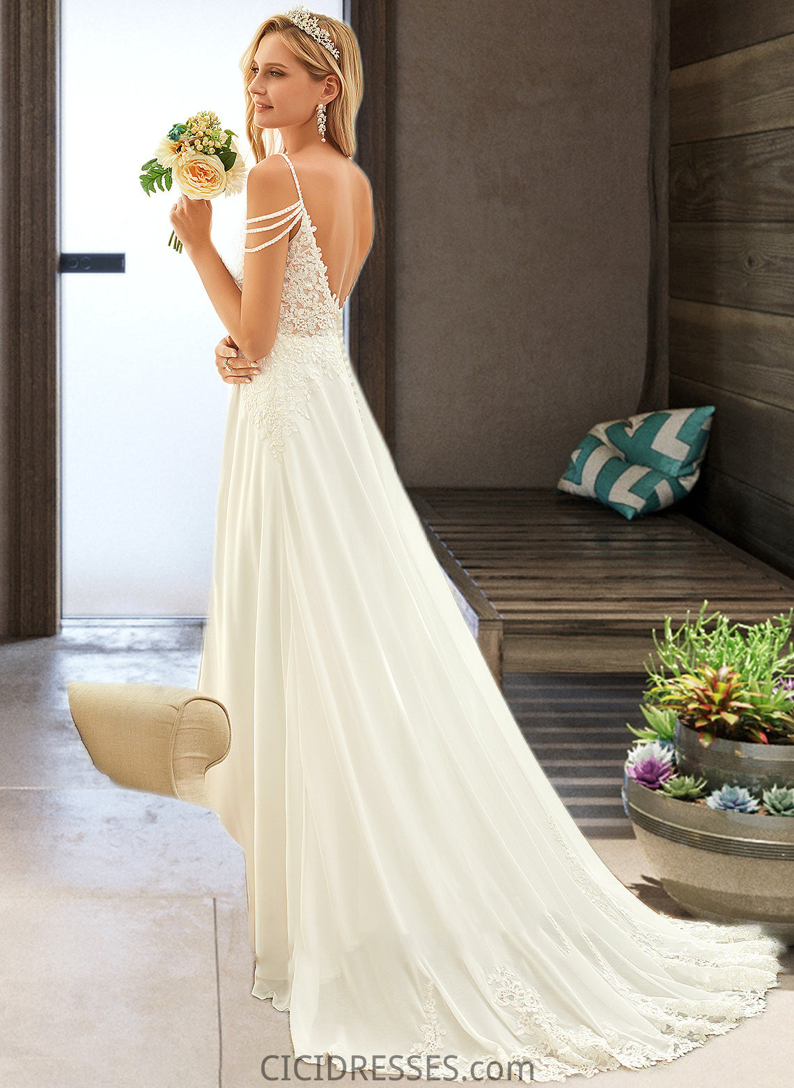 Kaydence A-Line V-neck Sweep Train Chiffon Lace Wedding Dress With Beading Sequins CIC8P0013681