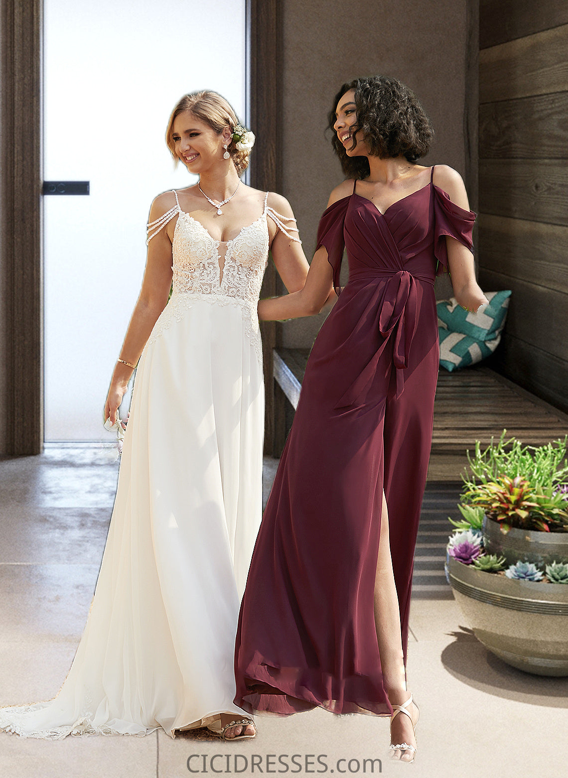 Kaydence A-Line V-neck Sweep Train Chiffon Lace Wedding Dress With Beading Sequins CIC8P0013681