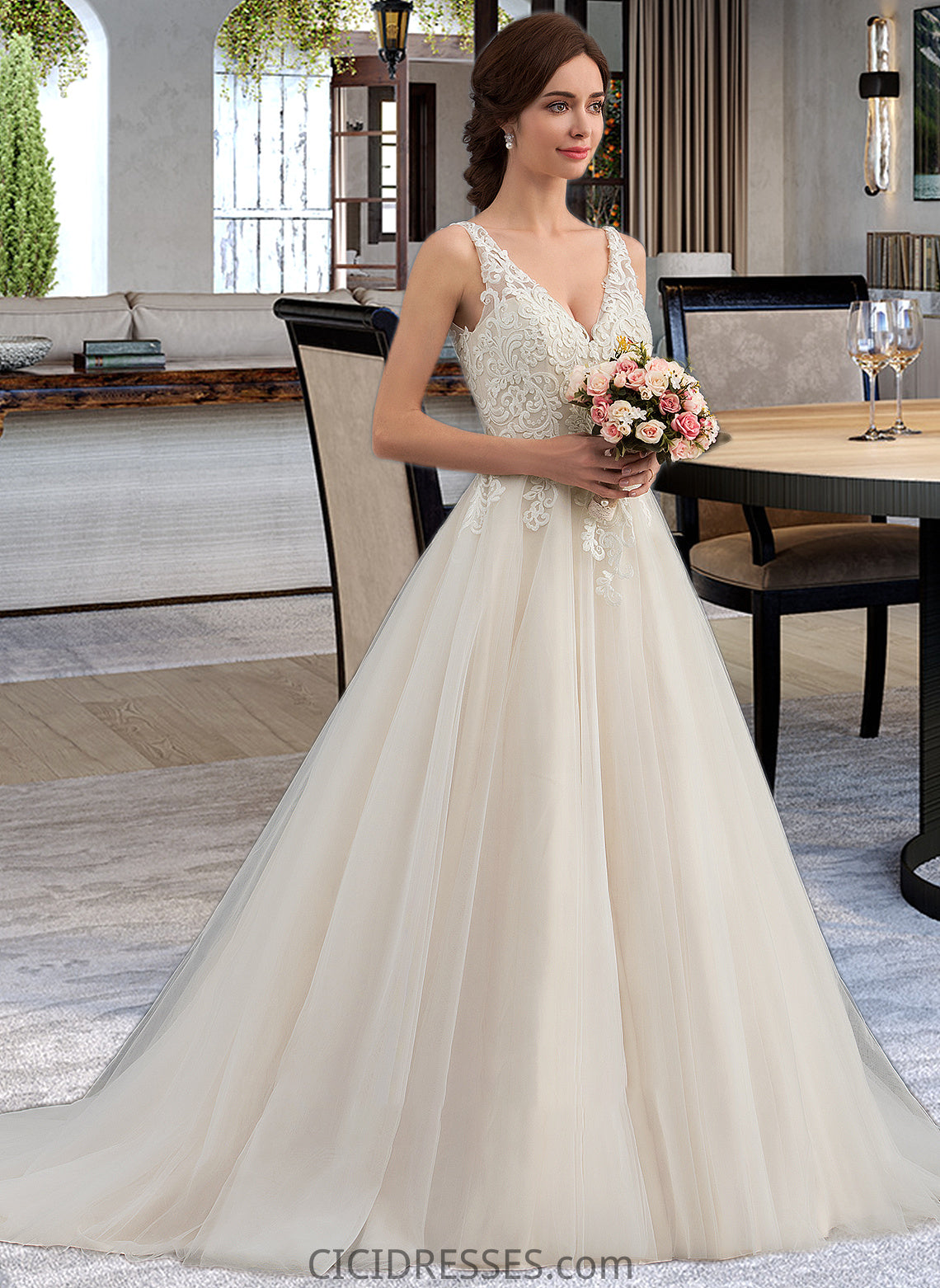 Reagan Ball-Gown/Princess V-neck Court Train Tulle Wedding Dress CIC8P0013682