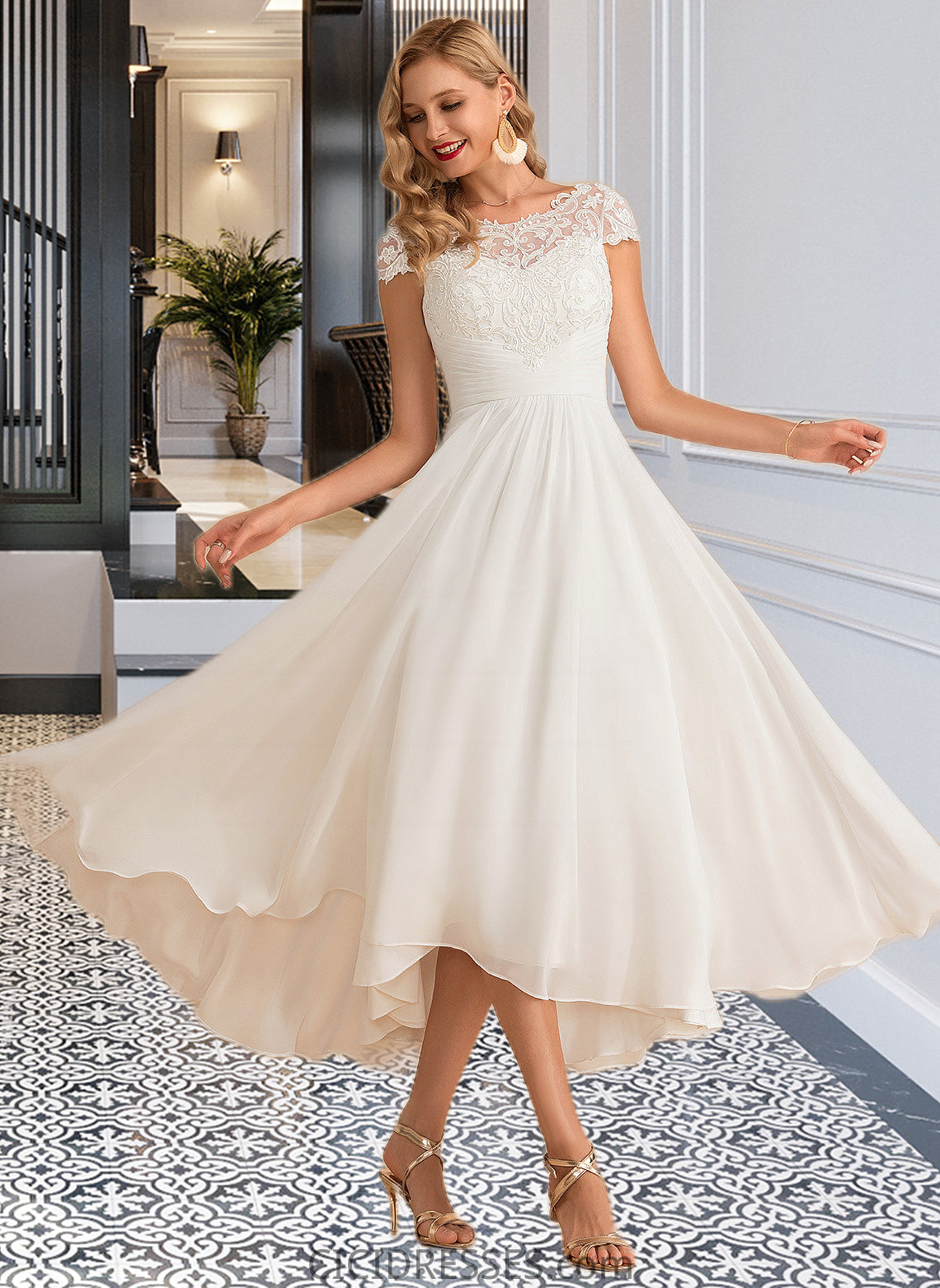 Dylan A-Line Scoop Neck Asymmetrical Chiffon Wedding Dress CIC8P0013683