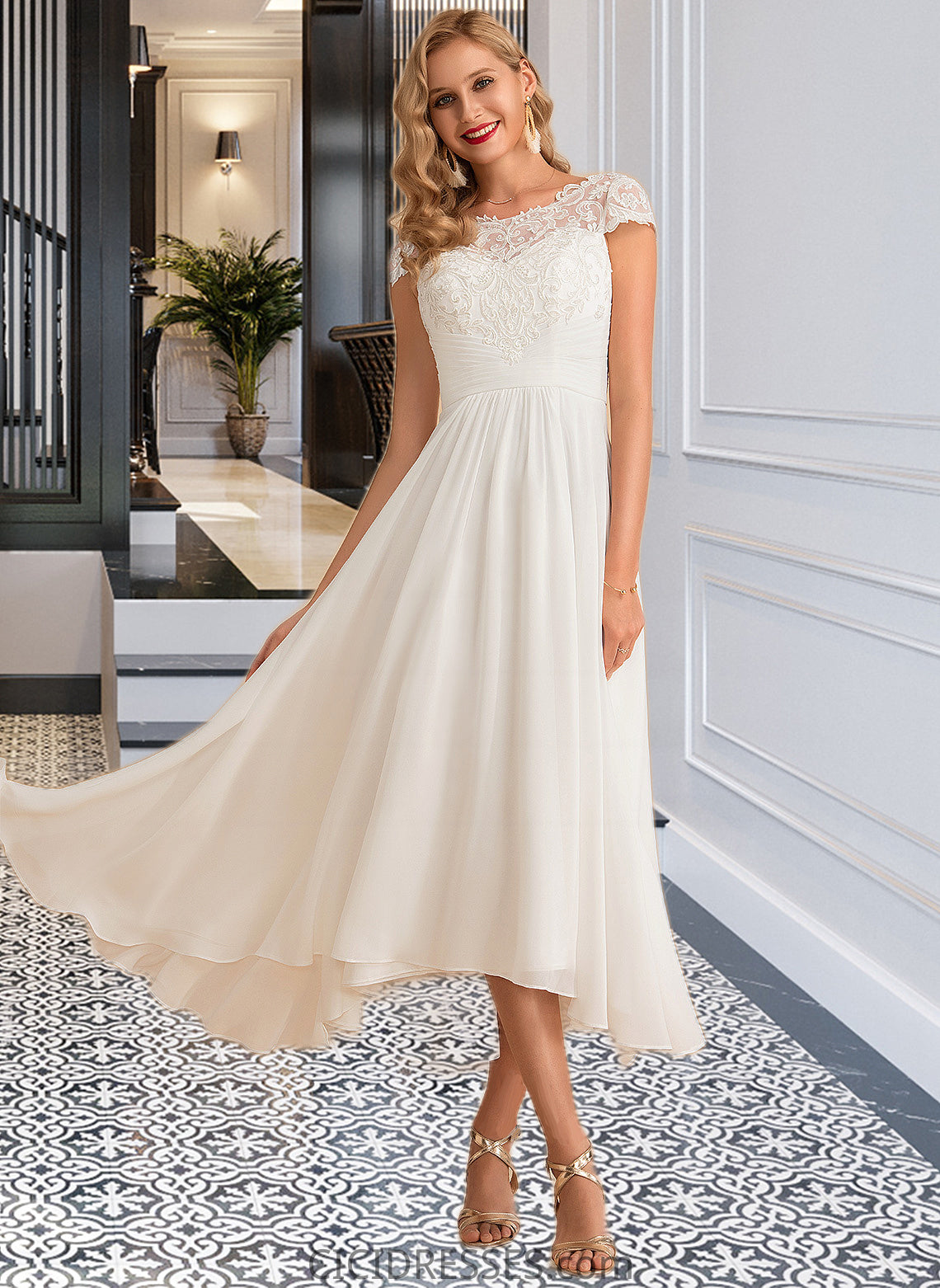 Dylan A-Line Scoop Neck Asymmetrical Chiffon Wedding Dress CIC8P0013683