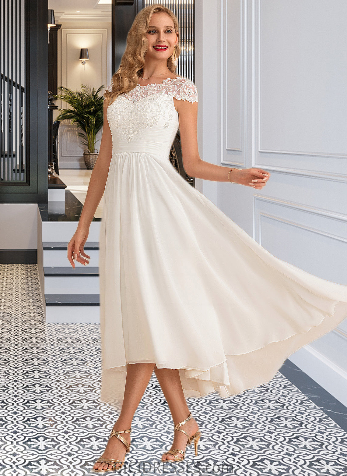 Dylan A-Line Scoop Neck Asymmetrical Chiffon Wedding Dress CIC8P0013683