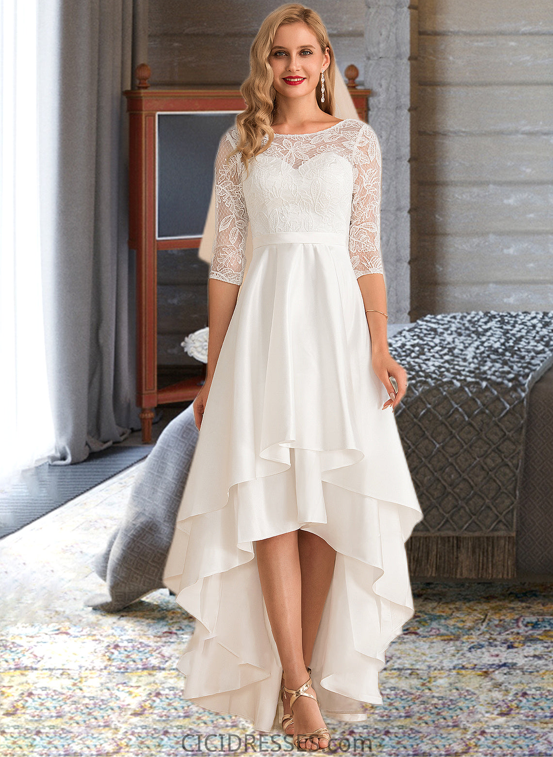 Genevieve A-Line Scoop Neck Asymmetrical Satin Lace Wedding Dress CIC8P0013684