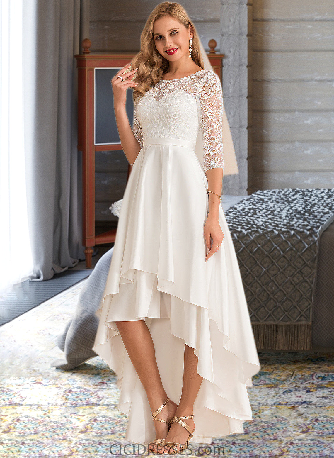 Genevieve A-Line Scoop Neck Asymmetrical Satin Lace Wedding Dress CIC8P0013684