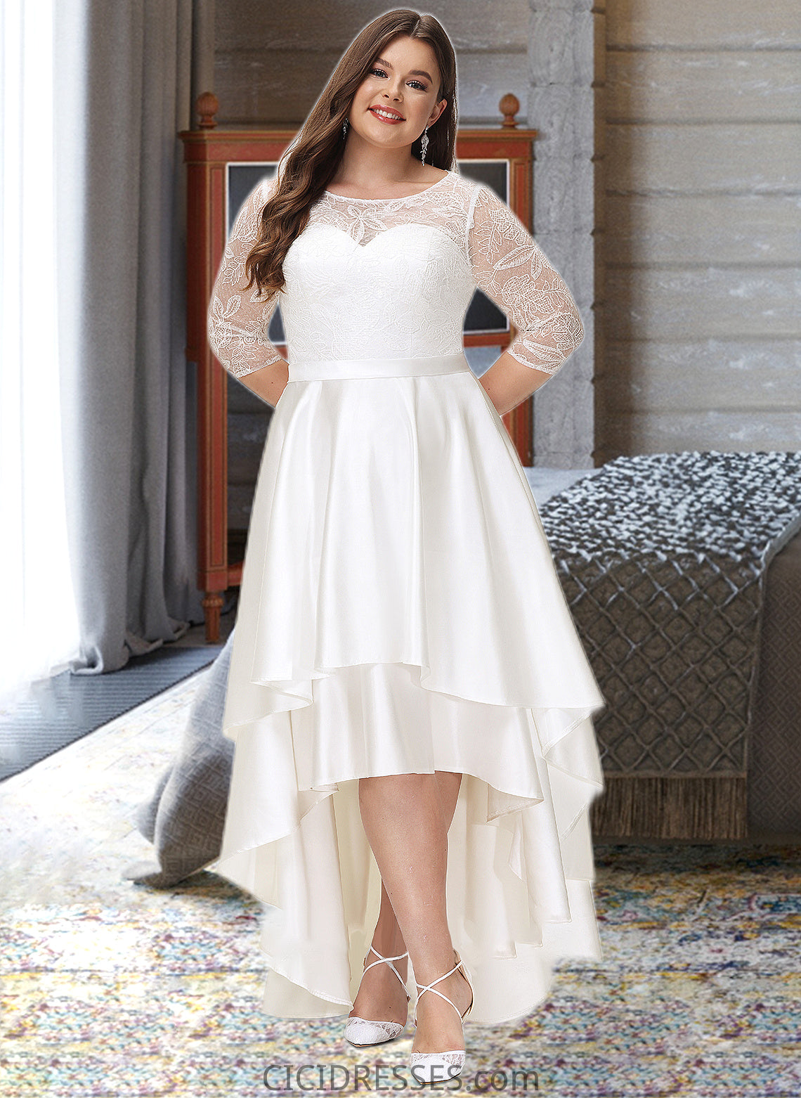 Genevieve A-Line Scoop Neck Asymmetrical Satin Lace Wedding Dress CIC8P0013684