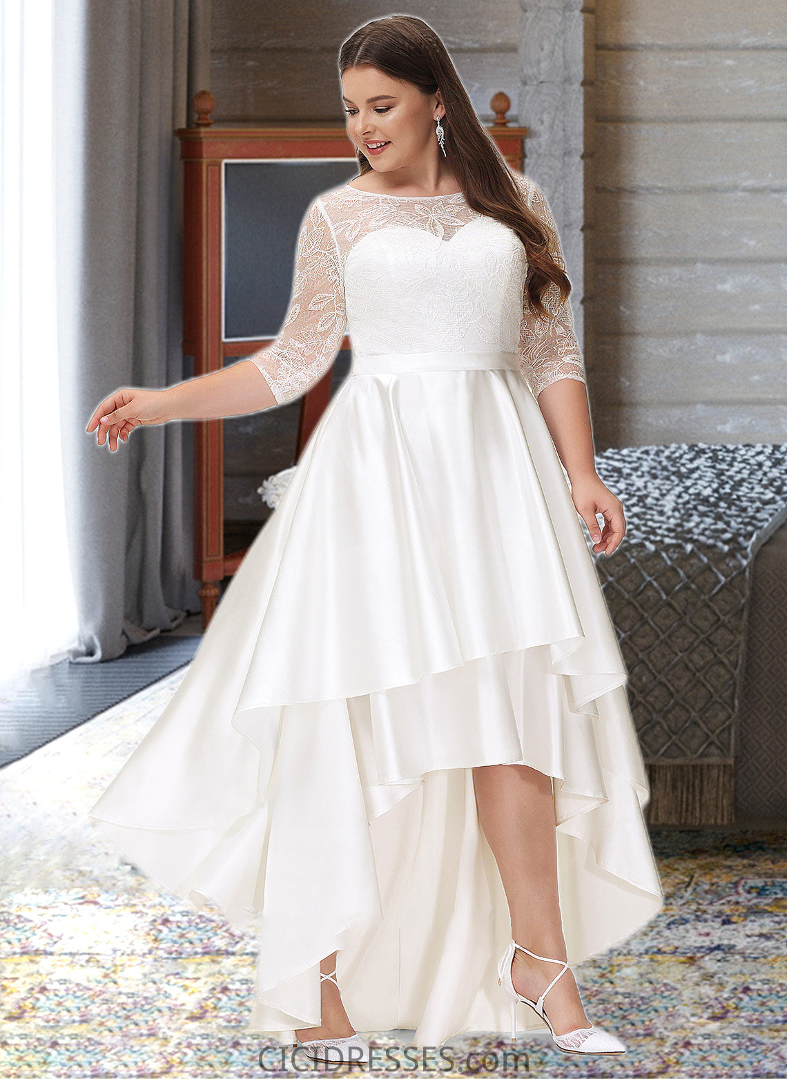 Genevieve A-Line Scoop Neck Asymmetrical Satin Lace Wedding Dress CIC8P0013684