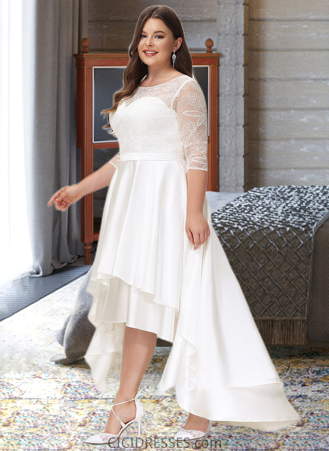 Genevieve A-Line Scoop Neck Asymmetrical Satin Lace Wedding Dress CIC8P0013684