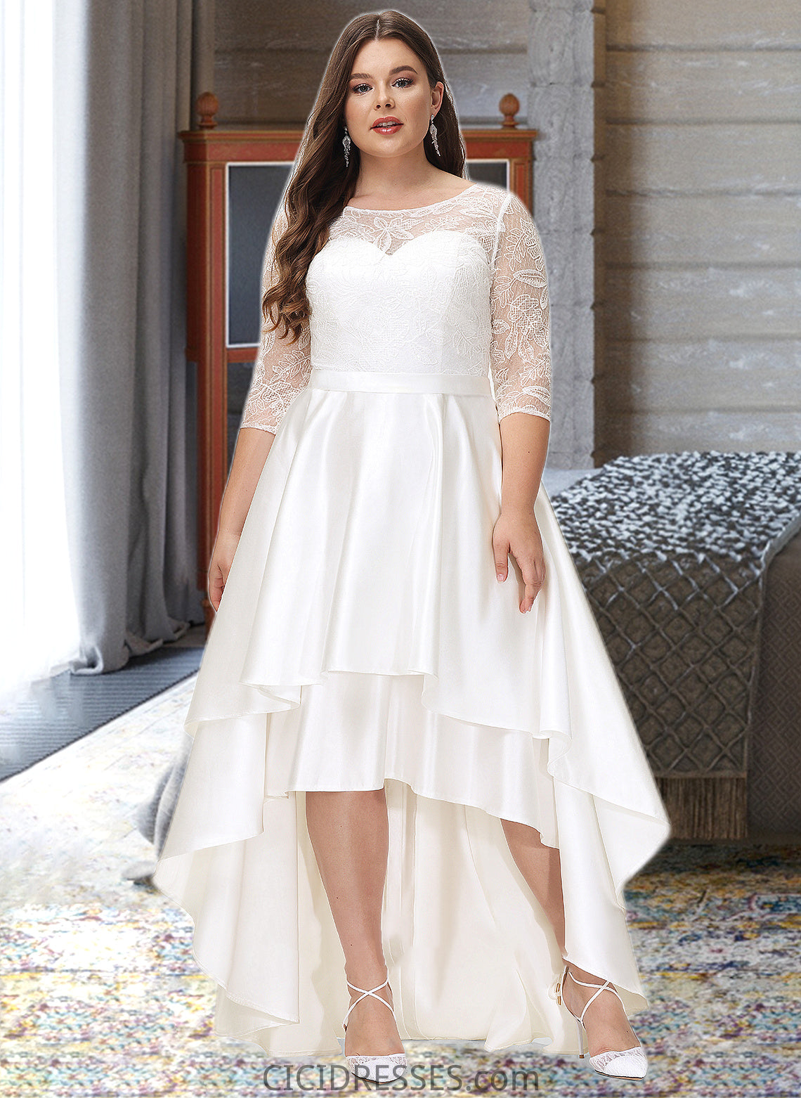 Genevieve A-Line Scoop Neck Asymmetrical Satin Lace Wedding Dress CIC8P0013684