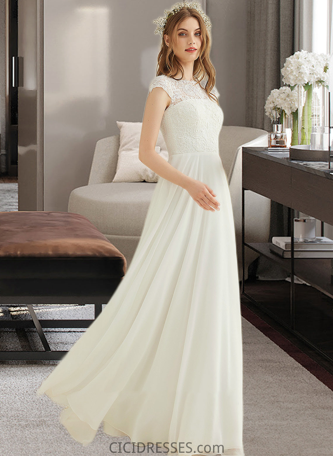 Everleigh A-Line Floor-Length Chiffon Lace Wedding Dress CIC8P0013687