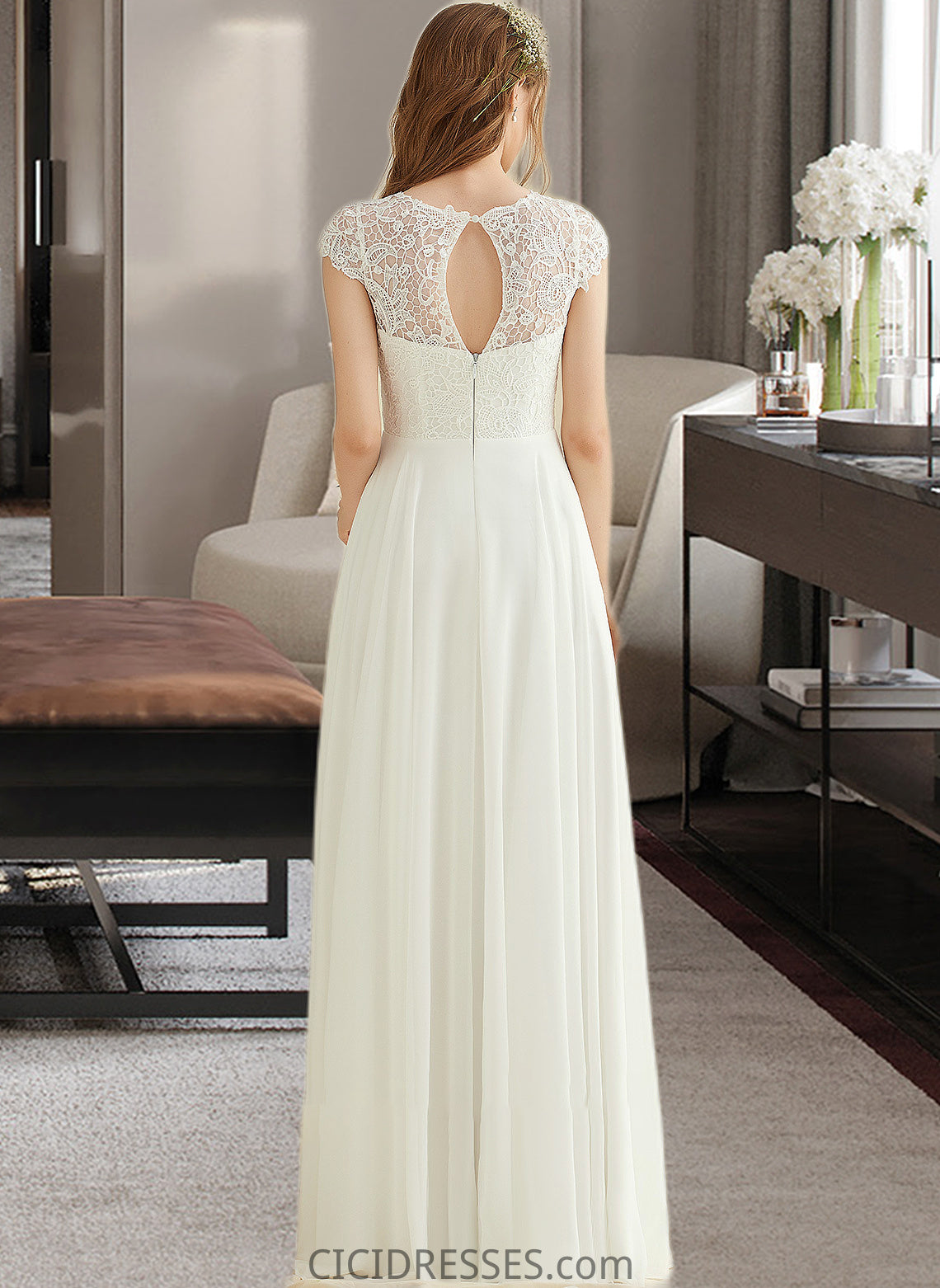 Everleigh A-Line Floor-Length Chiffon Lace Wedding Dress CIC8P0013687