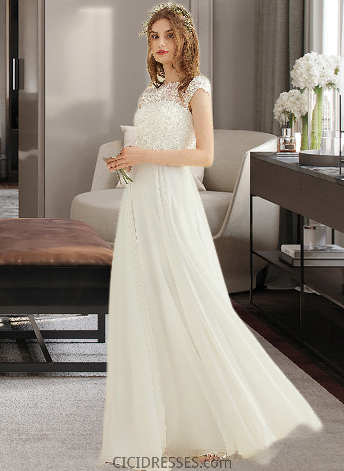 Everleigh A-Line Floor-Length Chiffon Lace Wedding Dress CIC8P0013687