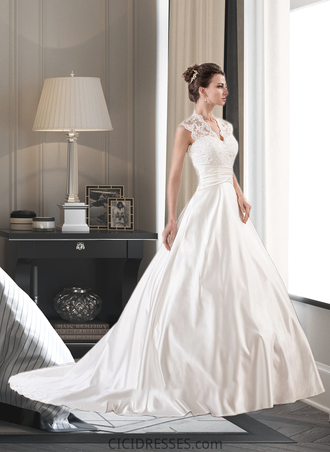 Brooke Ball-Gown/Princess V-neck Court Train Satin Lace Wedding Dress With Ruffle CIC8P0013688