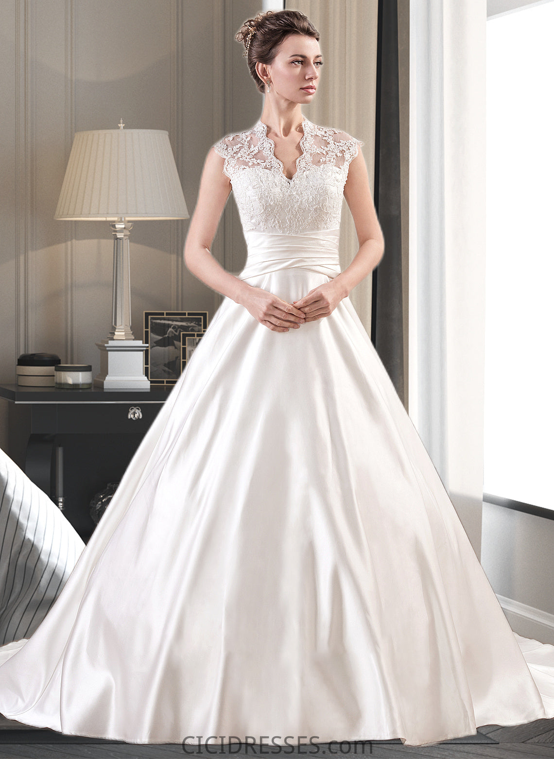 Brooke Ball-Gown/Princess V-neck Court Train Satin Lace Wedding Dress With Ruffle CIC8P0013688