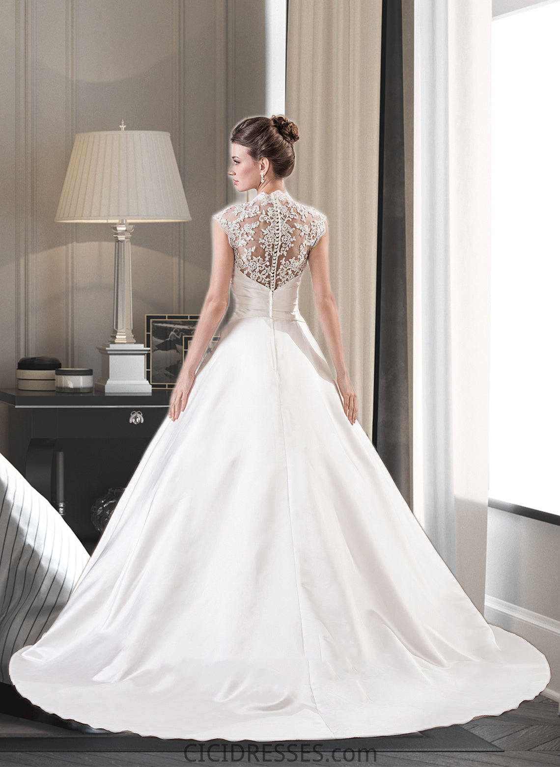 Brooke Ball-Gown/Princess V-neck Court Train Satin Lace Wedding Dress With Ruffle CIC8P0013688