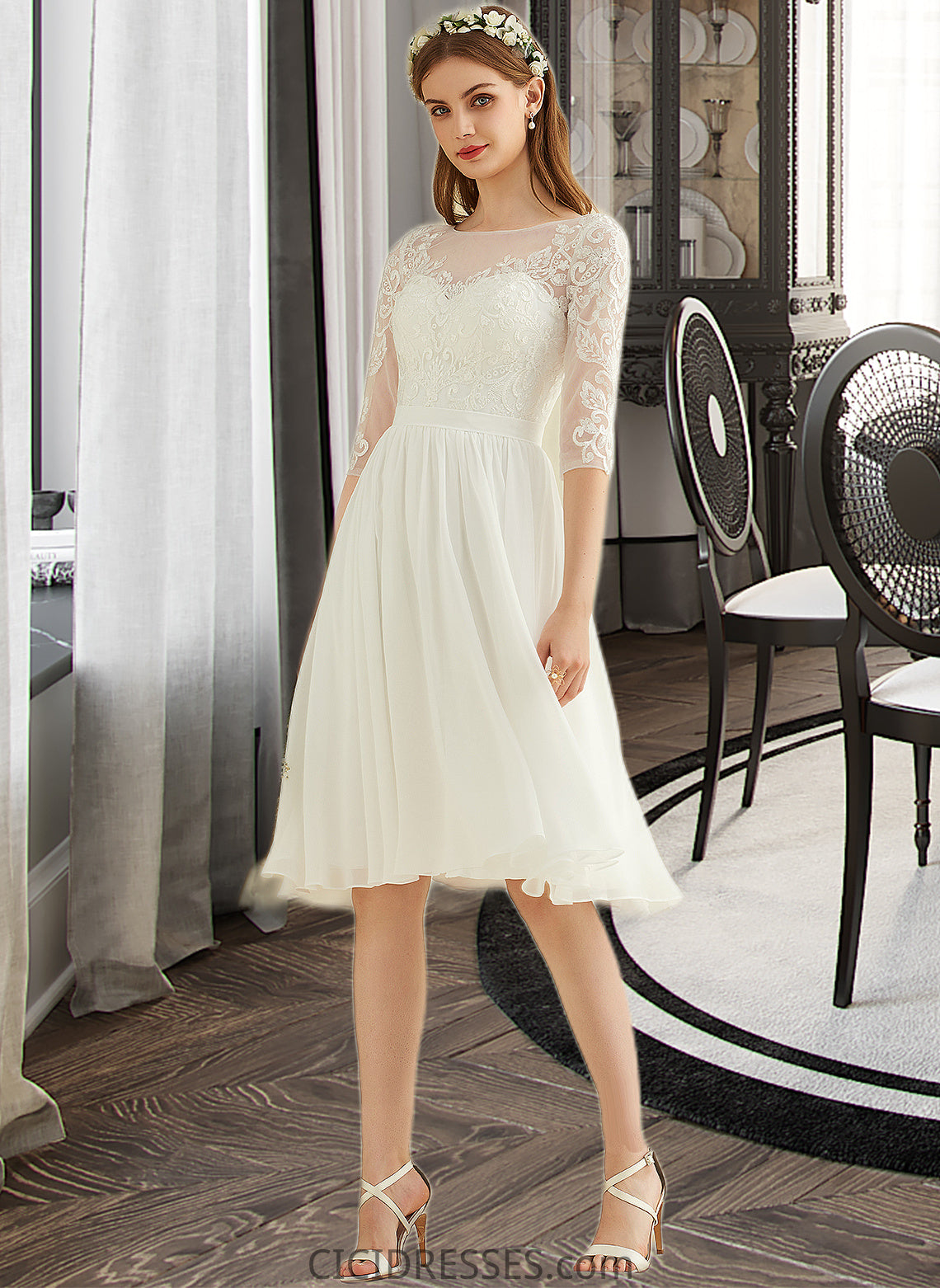 Litzy A-Line Knee-Length Chiffon Lace Wedding Dress With Sequins CIC8P0013689